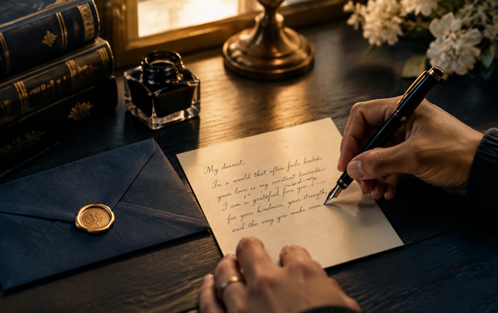 Hands writing a heartfelt letter with a fountain pen beside a gold wax seal